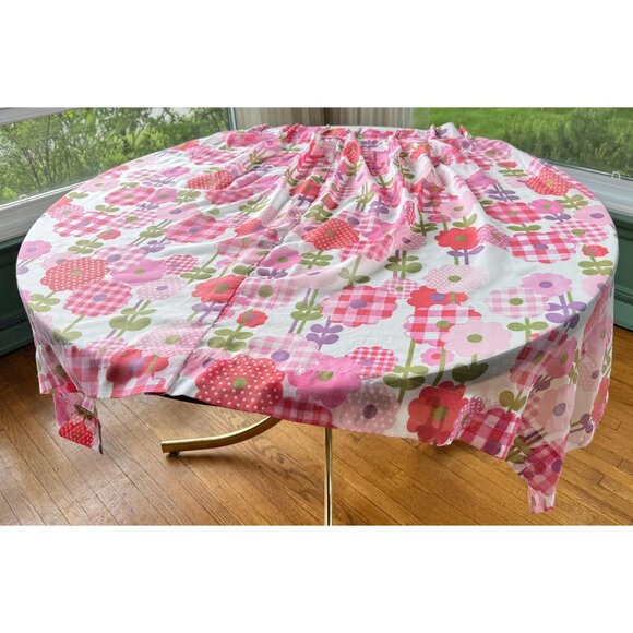 Vintage 70s curtains, pink plaid daisy flowers, pleated semi-sheer, 1 pair - Picture 3 of 10